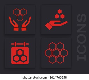 Set Honeycomb, Honeycomb and hands, Honeycomb and hand and Hanging sign with honeycomb icon. Vector