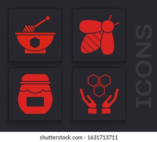 Set Honeycomb and hands, Honey dipper stick and bowl, Bee and Jar of honey icon. Vector