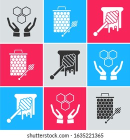 Set Honeycomb and hands, Honeycomb with honey dipper stickicon and Honey dipper stick with dripping honey icon. Vector