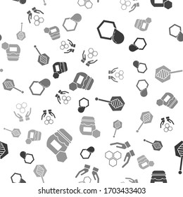 Set Honeycomb, Honeycomb and hands, Honey dipper stick and Jar of honey on seamless pattern. Vector