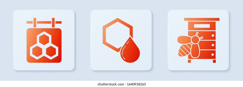 Set Honeycomb, Hanging sign with honeycomb and Hive for bees. White square button. Vector