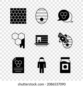 Set Honeycomb, Hive for bees, Beekeeper with protect hat, Jar of honey,  and Stack pancakes icon. Vector