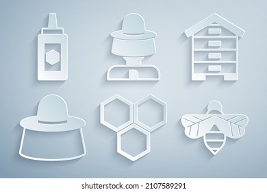Set Honeycomb, Hive for bees, Beekeeper with protect hat,  and Jar of honey icon. Vector