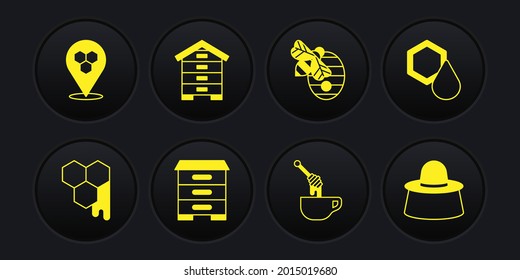 Set Honeycomb, Hive for bees, dipper stick with honey, Beekeeper protect hat and location icon. Vector