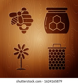Set Honeycomb, Hive for bees, Flower and Jar of honey on wooden background. Vector
