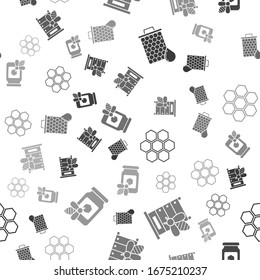 Set Honeycomb, Hive for bees, Honeycomb and Jar of honey with bee on seamless pattern. Vector