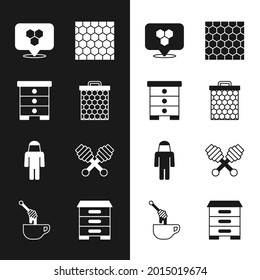 Set Honeycomb, Hive for bees, location, Beekeeper with protect hat, dipper stick,  and honey icon. Vector