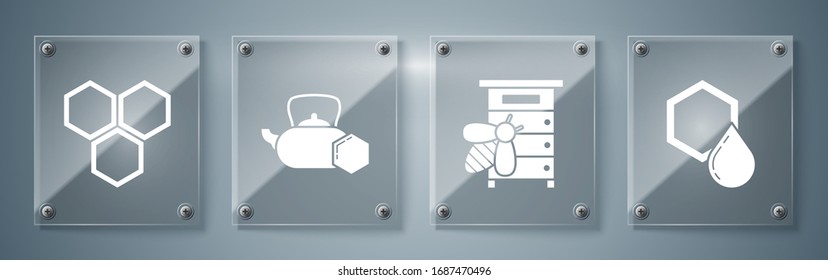 Set Honeycomb, Hive for bees, Tea kettle with honey and Honeycomb. Square glass panels. Vector