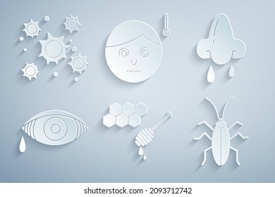 Set Honeycomb with honey dipper, Runny nose, Reddish eye allergic conjunctivitis, Cockroach, High human body temperature and Bacteria icon. Vector