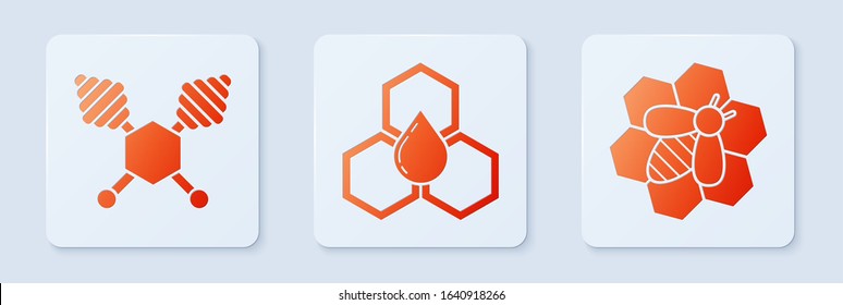 Set Honeycomb, Honey dipper stick and Bee and honeycomb. White square button. Vector