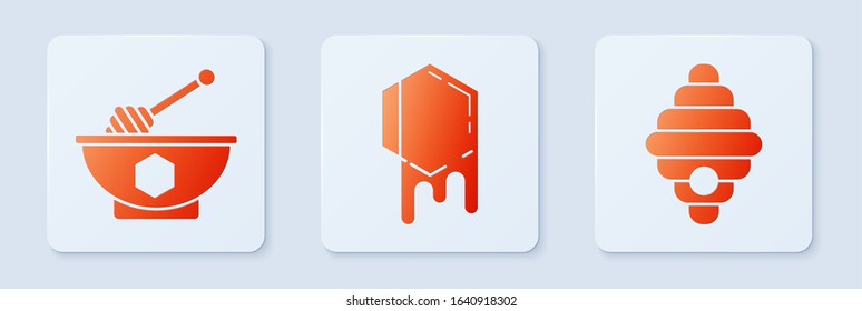 Set Honeycomb, Honey dipper stick and bowl and Hive for bees. White square button. Vector