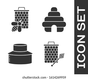 Set Honeycomb with honey dipper stickicon, Bee and honeycomb, Beekeeper with protect hat and Hive for bees icon. Vector