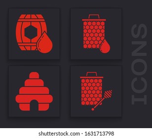 Set Honeycomb with honey dipper stickicon, Wooden barrel with honey, Honeycomb and Hive for bees icon. Vector