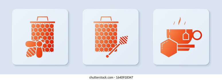 Set Honeycomb with honey dipper stickicon, Bee and honeycomb and Cup of tea with honey. White square button. Vector