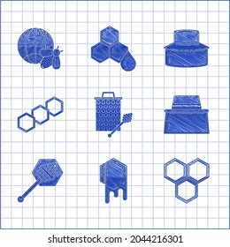 Set Honeycomb with honey dipper stickicon, Beekeeper protect hat,  and map of the world and bee icon. Vector