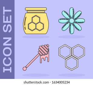 Set Honeycomb, Jar of honey, Honey dipper stick with dripping honey and Flower icon. Vector