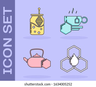 Set Honeycomb, Jar of honey and honey dipper stick, Tea kettle with honey and Cup of tea with honey icon. Vector