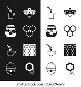 Set Honeycomb, Jar of honey, dipper stick with, Bee,  and Hive for bees icon. Vector
