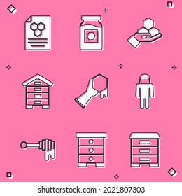 Set Honeycomb, Jar of honey, and hand, Hive for bees, Beekeeper with protect hat, dipper stick and  icon. Vector