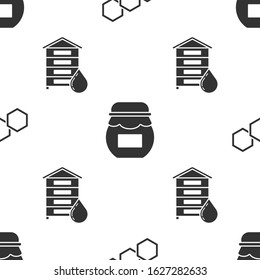 Set Honeycomb, Jar of honey and Hive for bees on seamless pattern. Vector