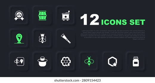 Set Honeycomb, Jar of honey, Queen bee, Bee, location, Beekeeper with protect hat, Wooden barrel and  icon. Vector