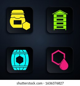 Set Honeycomb, Jar of honey, Wooden barrel with honey and Hive for bees. Black square button. Vector