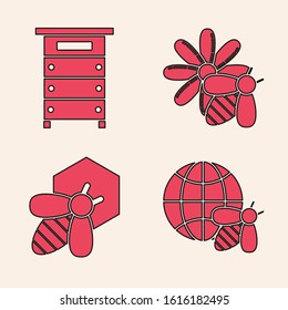 Set Honeycomb map of the world and bee, Hive for bees, Bee and flower and Bee and honeycomb icon. Vector