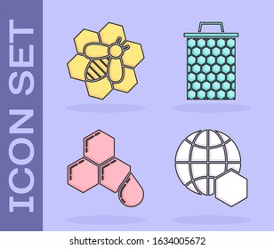 Set Honeycomb map of the world, Bee and honeycomb, Honeycomb and Honeycomb icon. Vector