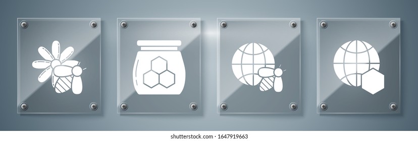 Set Honeycomb map of the world, Honeycomb map of the world and bee, Jar of honey and Bee and flower. Square glass panels. Vector
