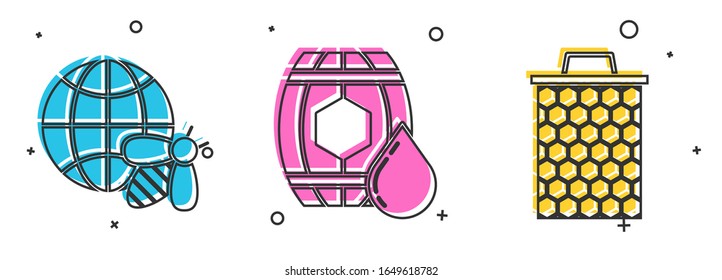 Set Honeycomb map of the world and bee, Wooden barrel with honey and Honeycomb icon. Vector
