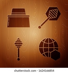 Set Honeycomb map of the world, Beekeeper with protect hat, Honey dipper stick and Honey dipper stick on wooden background. Vector