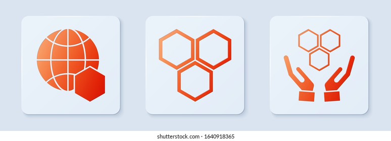 Set Honeycomb, Honeycomb map of the world and Honeycomb and hands. White square button. Vector