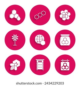 Set Honeycomb map of the world, Hive for bees, Hanging sign with honeycomb, Jar, Bee and, Flower,  and  icon. Vector