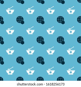 Set Honeycomb map of the world and Honey dipper stick and bowl on seamless pattern. Vector