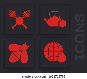 Set Honeycomb map of the world, Honey dipper stick, Tea kettle with honey and Bee icon. Vector