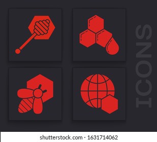 Set Honeycomb map of the world, Honey dipper stick, Honeycomb and Bee and honeycomb icon. Vector