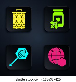 Set Honeycomb map of the world, Honeycomb, Honey dipper stick and Jar of honey with bee. Black square button. Vector