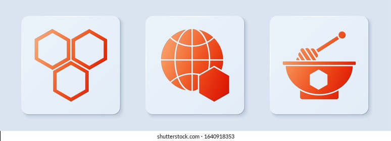 Set Honeycomb map of the world, Honeycomb and Honey dipper stick and bowl. White square button. Vector