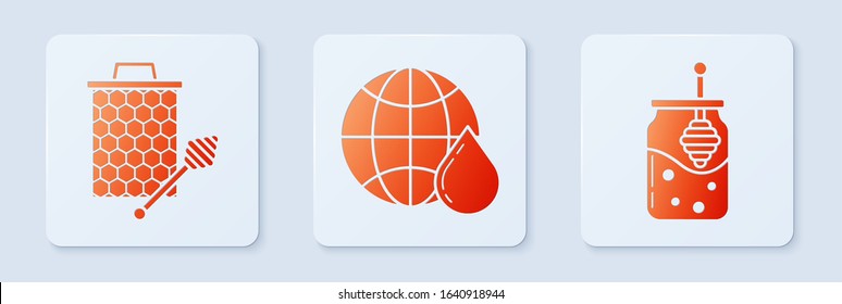 Set Honeycomb map of the world, Honeycomb with honey dipper stickicon and Jar of honey and honey dipper stick. White square button. Vector