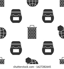 Set Honeycomb map of the world, Honeycomb and Jar of honey on seamless pattern. Vector