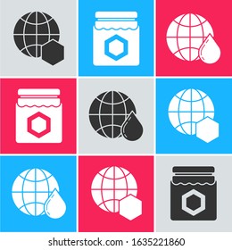 Set Honeycomb map of the world, Jar of honey and Honeycomb map of the world icon. Vector