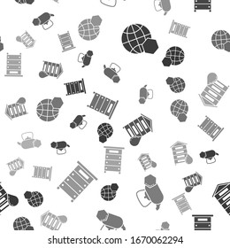 Set Honeycomb map of the world, Tea kettle with honey, Hive for bees and Hive for bees on seamless pattern. Vector