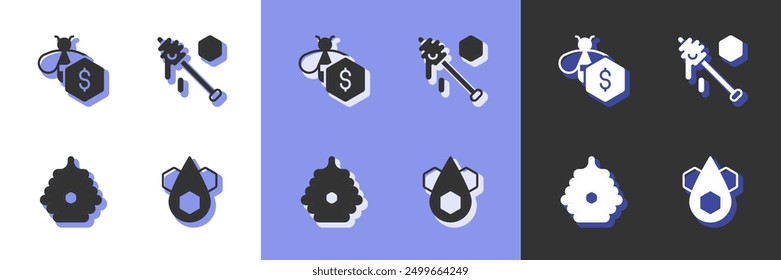 Set Honeycomb, Sale of bees, Hive for and dipper stick icon. Vector