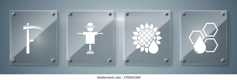 Set Honeycomb, Sunflower, Scarecrow and Scythe. Square glass panels. Vector