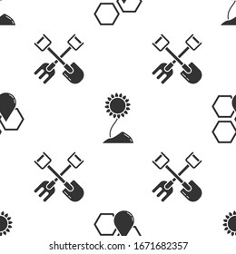 Set Honeycomb, Sunflower and Shovel and rake on seamless pattern. Vector
