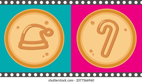 Set of honeycomb toffee, dalgona Squid Game. Candy circles with candy cane and Santa hat in the middle. Vector illustration. Christmas and New Year decor