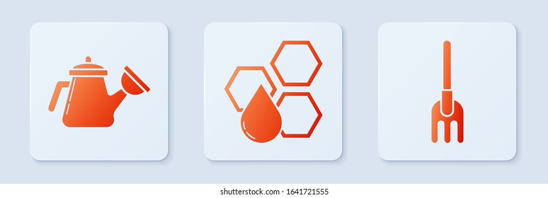 Set Honeycomb, Watering can and Garden rake. White square button. Vector