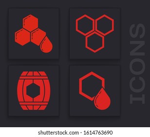 Set Honeycomb, Honeycomb, Honeycomb and Wooden barrel with honey icon. Vector