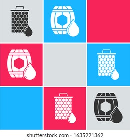 Set Honeycomb, Wooden barrel with honey and Hive for bees icon. Vector