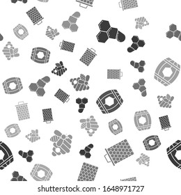 Set Honeycomb, Honeycomb, Wooden barrel with honey and Hive for bees on seamless pattern. Vector